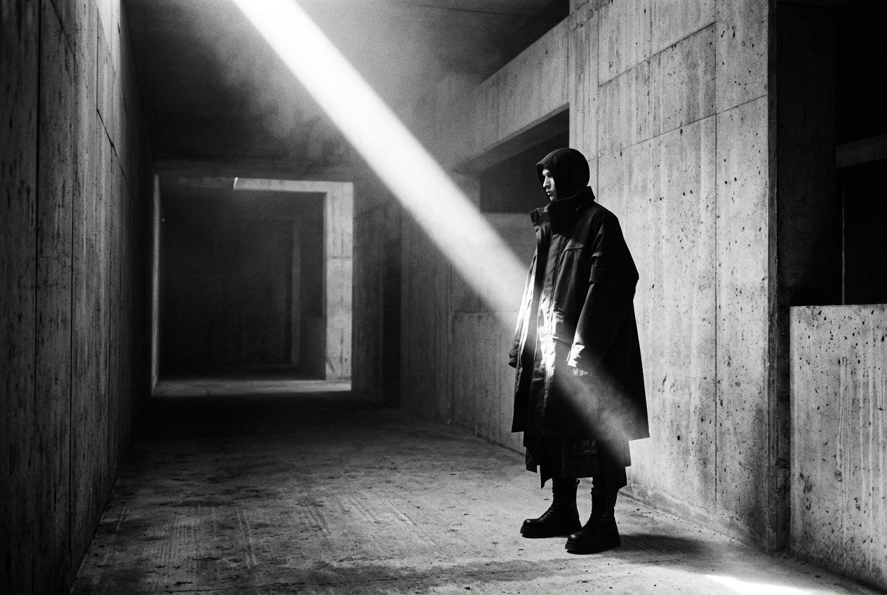 Monochrome fashion editorial: a silhouetted figure in dark layered clothing against a brutalist concrete setting